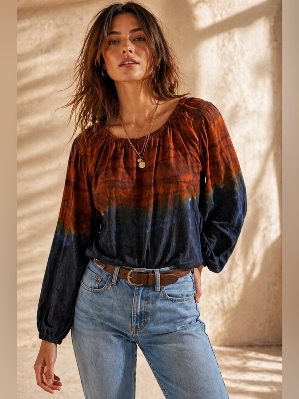 Cloth & Stone Rust and Navy Tie-Dye Long Sleeve Peasant Top Medium